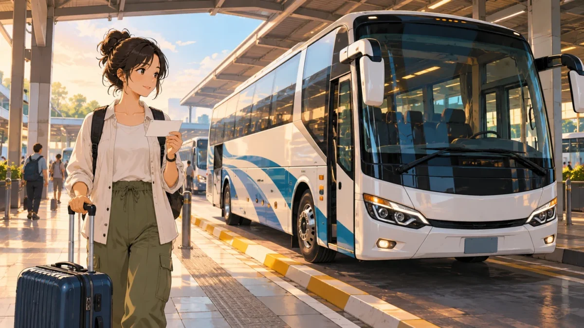 A traveler checks a ticket beside an intercity coach at a terminal.