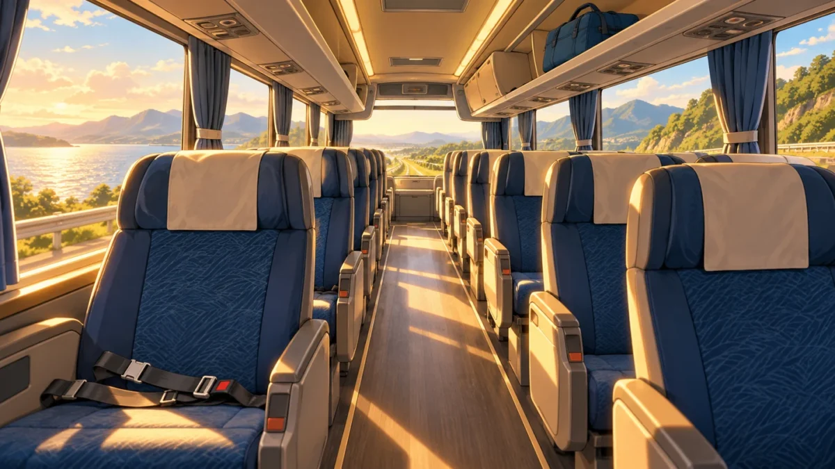 An empty coach cabin with reclining seats, seat belts and a clear aisle.