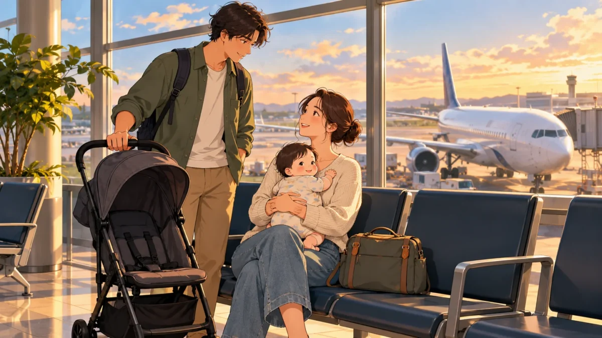 Two adults prepare for a flight with a baby, an empty stroller and a travel bag.