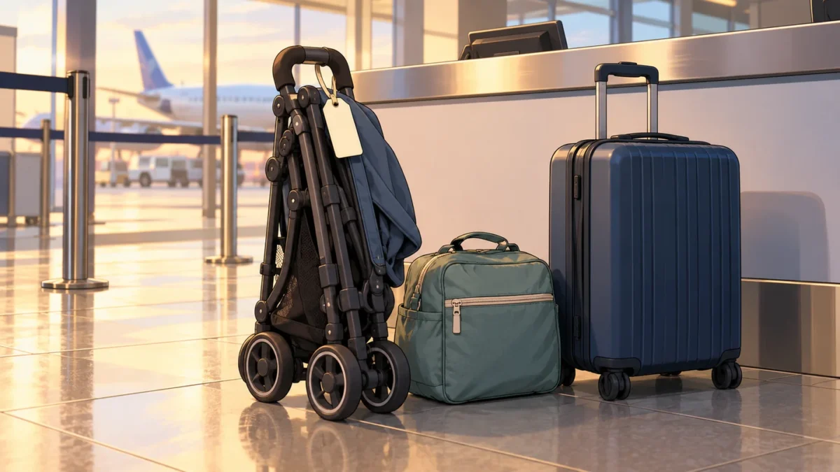 A folded stroller with a blank baggage tag beside bags at an airport counter.