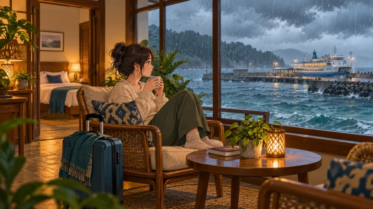 A traveler stays inside a guesthouse while rain falls over an island harbor.