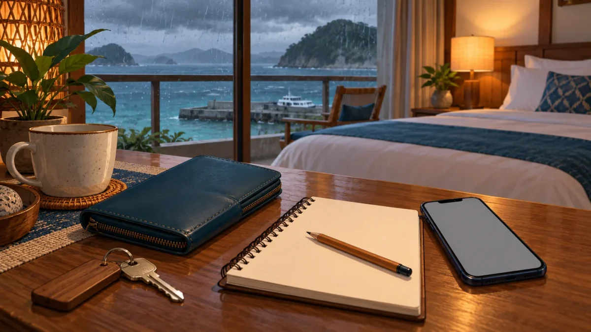 A hotel key, notebook and phone on a guestroom desk during rainy weather.