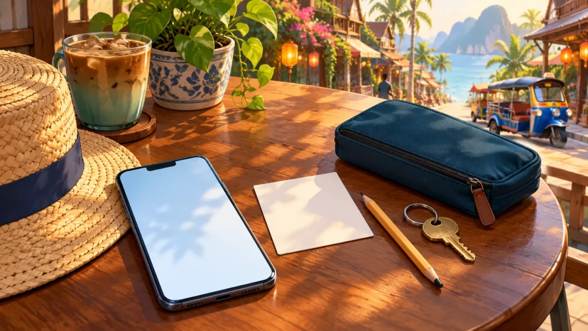 A phone and blank paper contact card beside a travel pouch and hotel key.