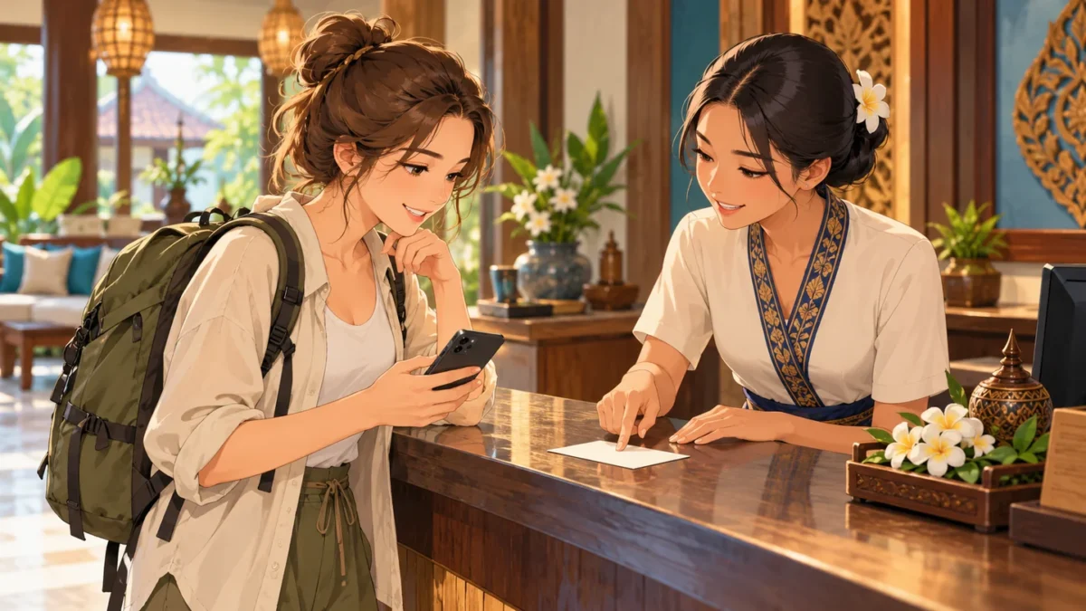 A traveler checks a paper contact card with a hotel receptionist.