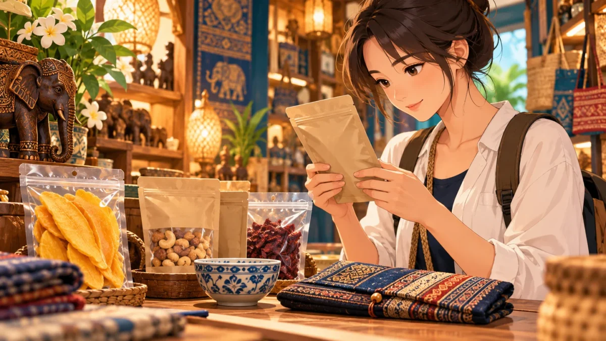 A shopper examines a package beside food and fabric souvenirs in a shop.