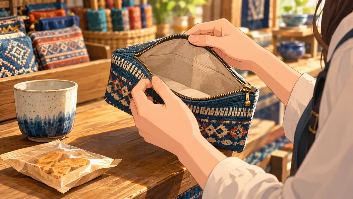 Hands inspect the fabric lining of a souvenir pouch beside a ceramic cup and packaged snack.