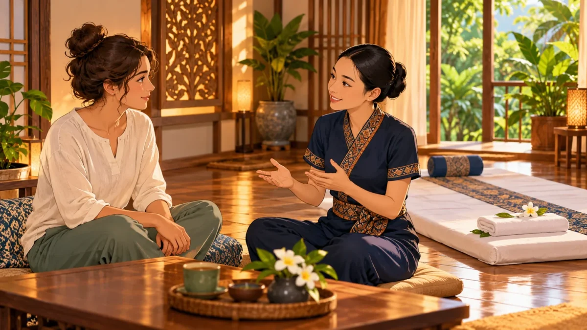 A visitor and therapist discuss a session beside an unused massage mat.