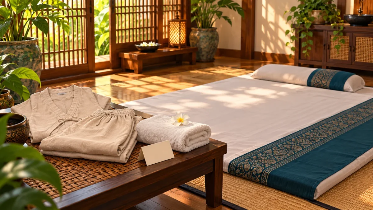 An unused massage mat with folded loose clothing, towels and a blank appointment card.