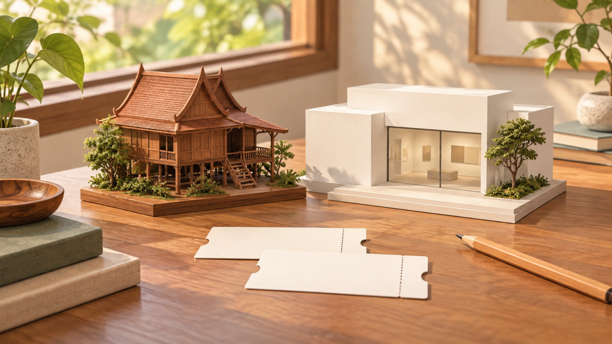 木造家屋と現代的な展示館の架空の模型が並ぶ机