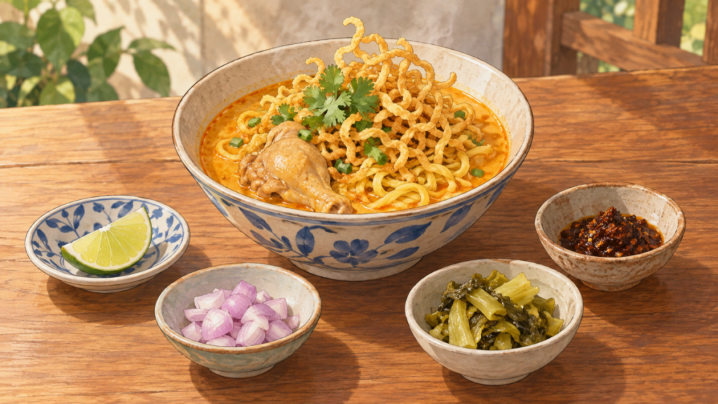 カオソーイの一杯と、別皿のライム、玉ねぎ、漬物、チリペースト
