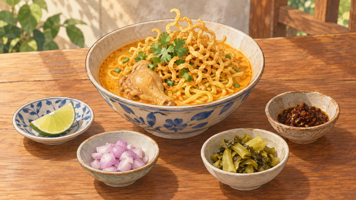 カオソーイの一杯と、別皿のライム、玉ねぎ、漬物、チリペースト