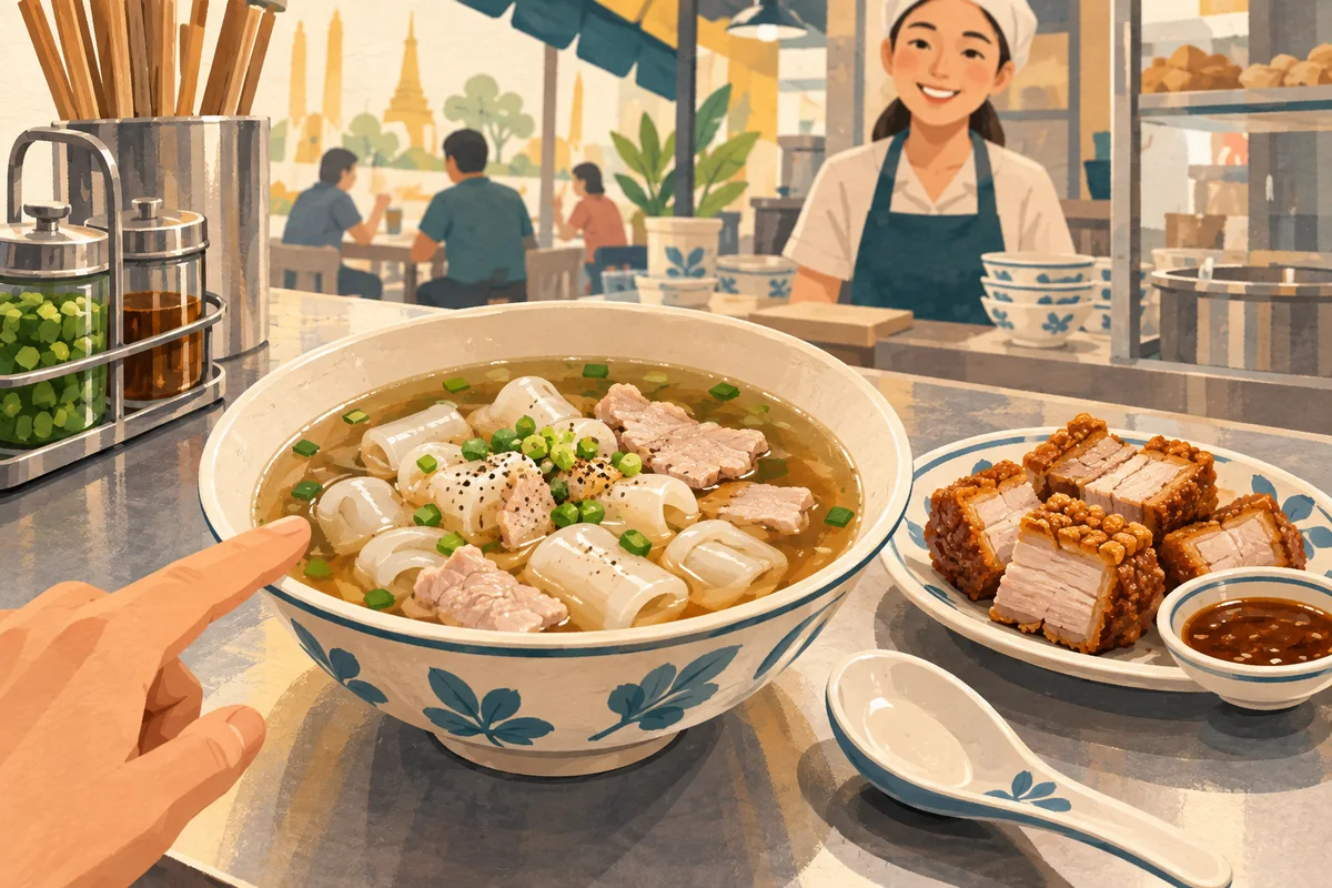 Illustration of a rolled rice-noodle soup beside a separate plate of crispy pork at a lunch counter.