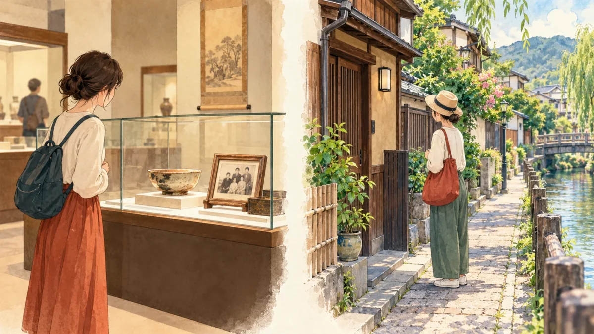 博物館の展示を見る場面と、住宅の入口の外で立ち止まる散策者を分けたイラスト
