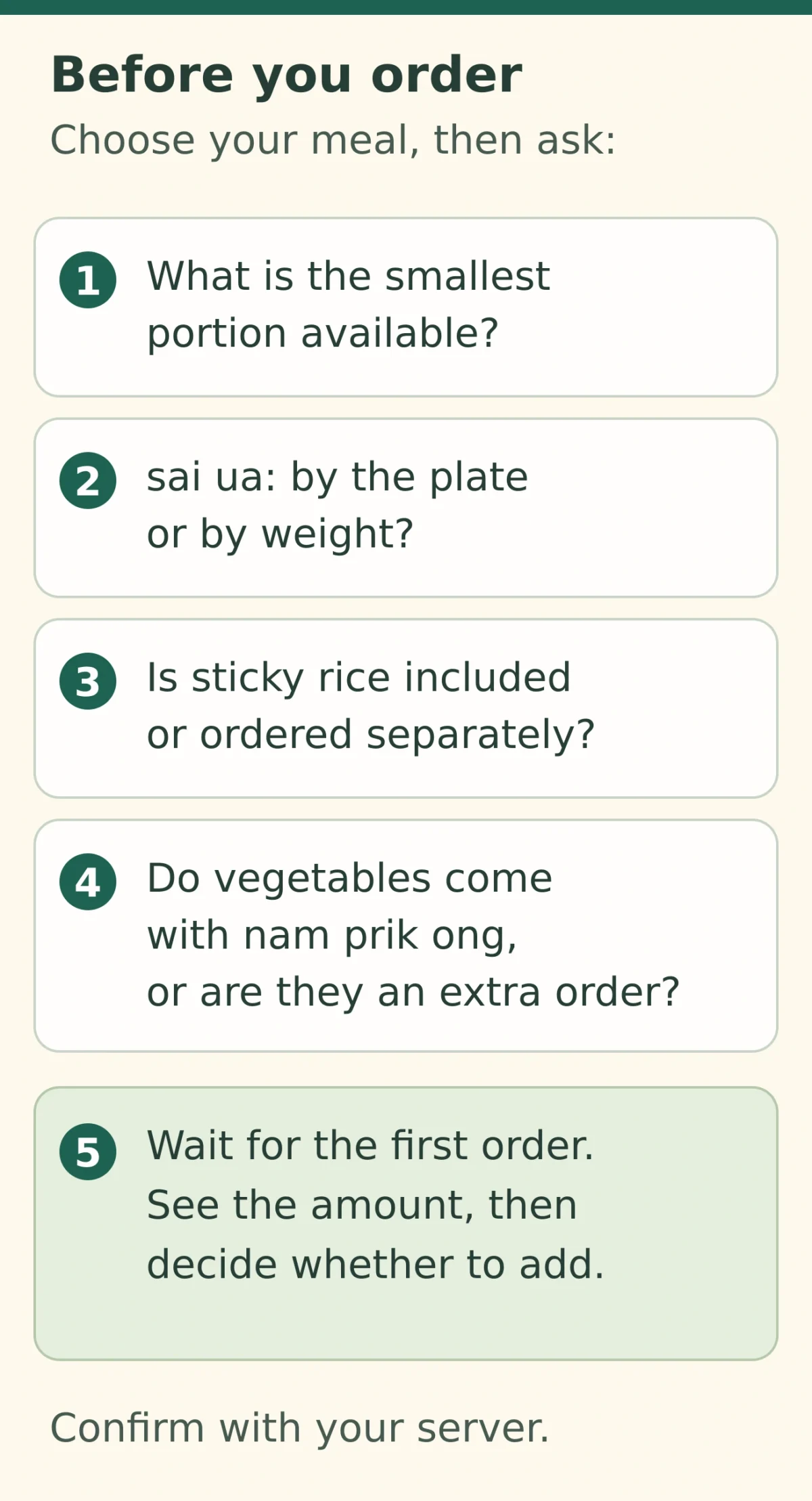 Ordering check for a small Northern Thai meal: ask about the smallest portion, sausage selling unit, and rice and vegetable inclusions; see the first order before deciding whether to add.