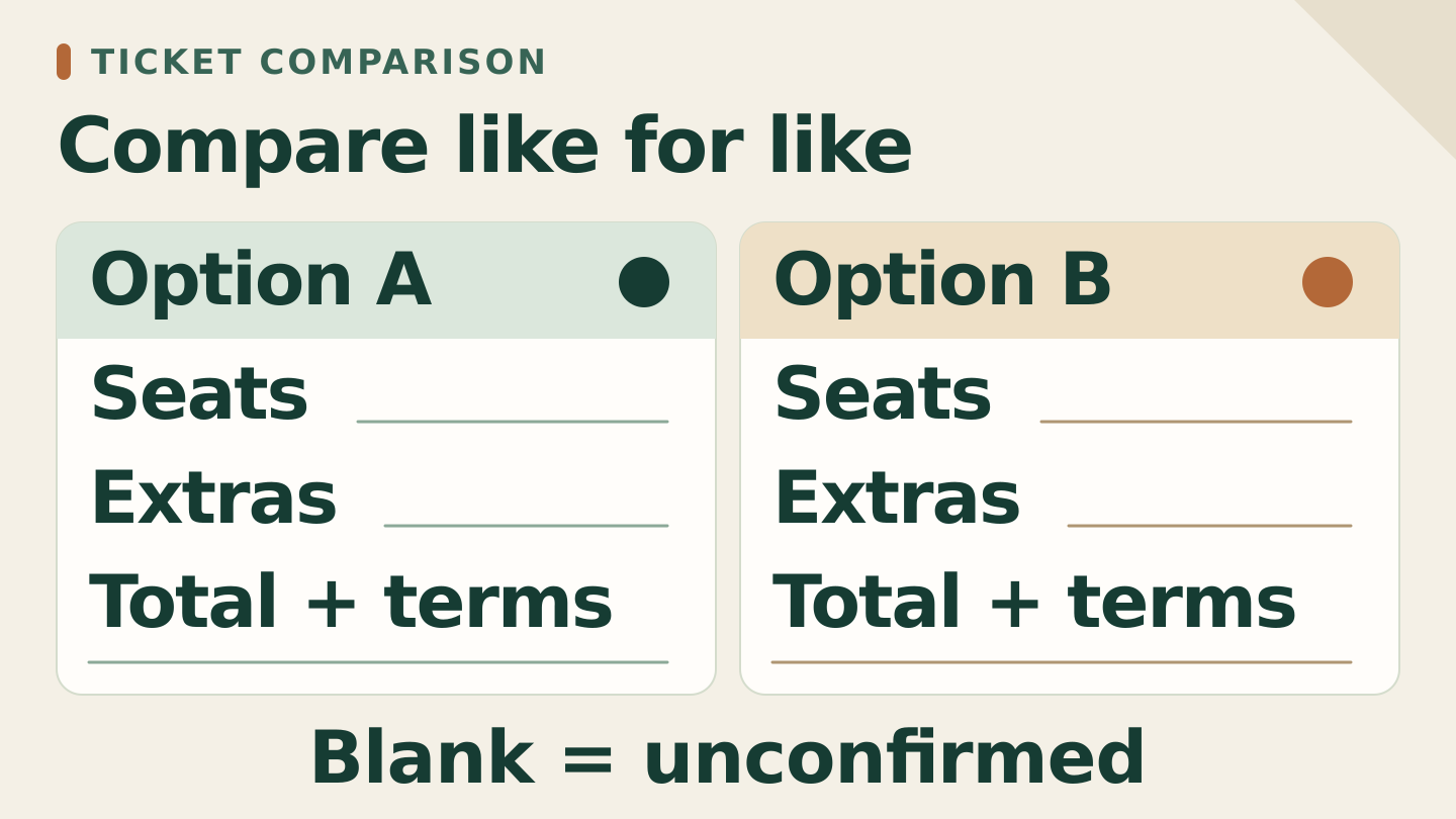 Two blank ticket comparison cards, Option A and Option B, with fields for seats, extras, and total plus terms. Blank means unconfirmed.