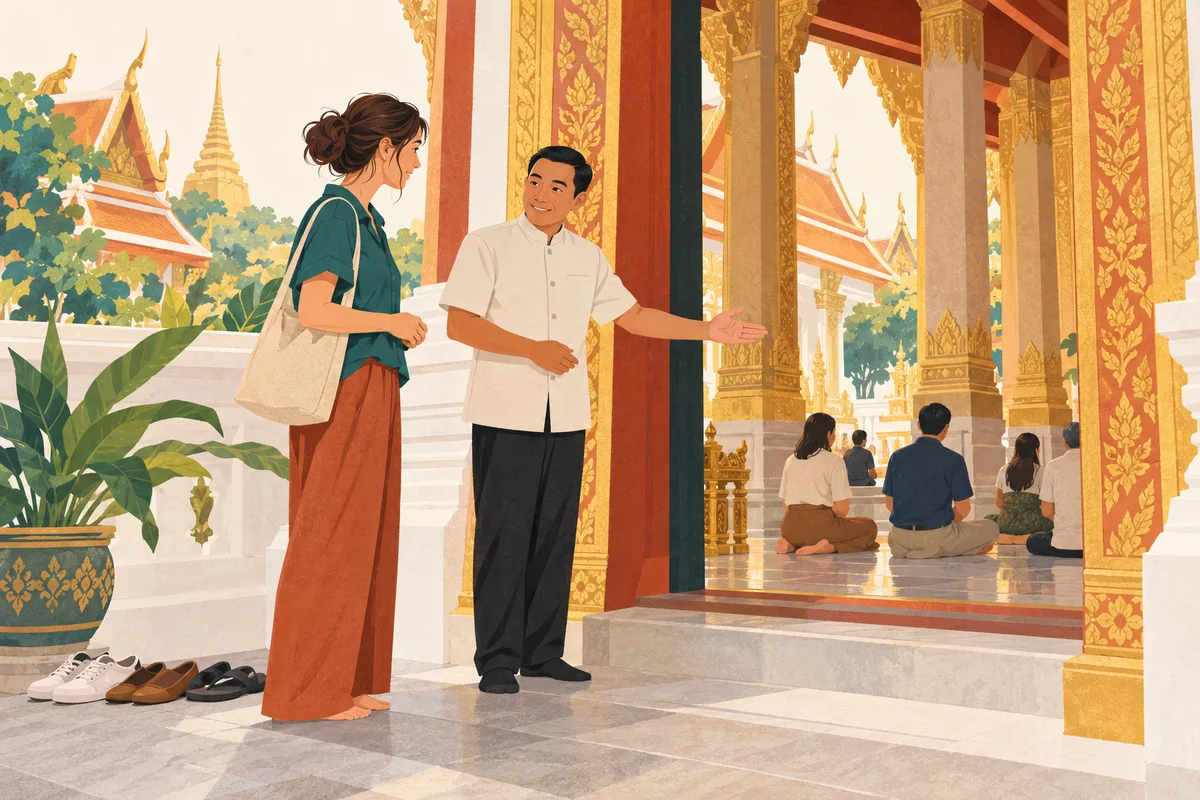 Illustration of a visitor in shoulder- and knee-covering clothes asking temple staff for guidance, with shoes left beside the doorway.