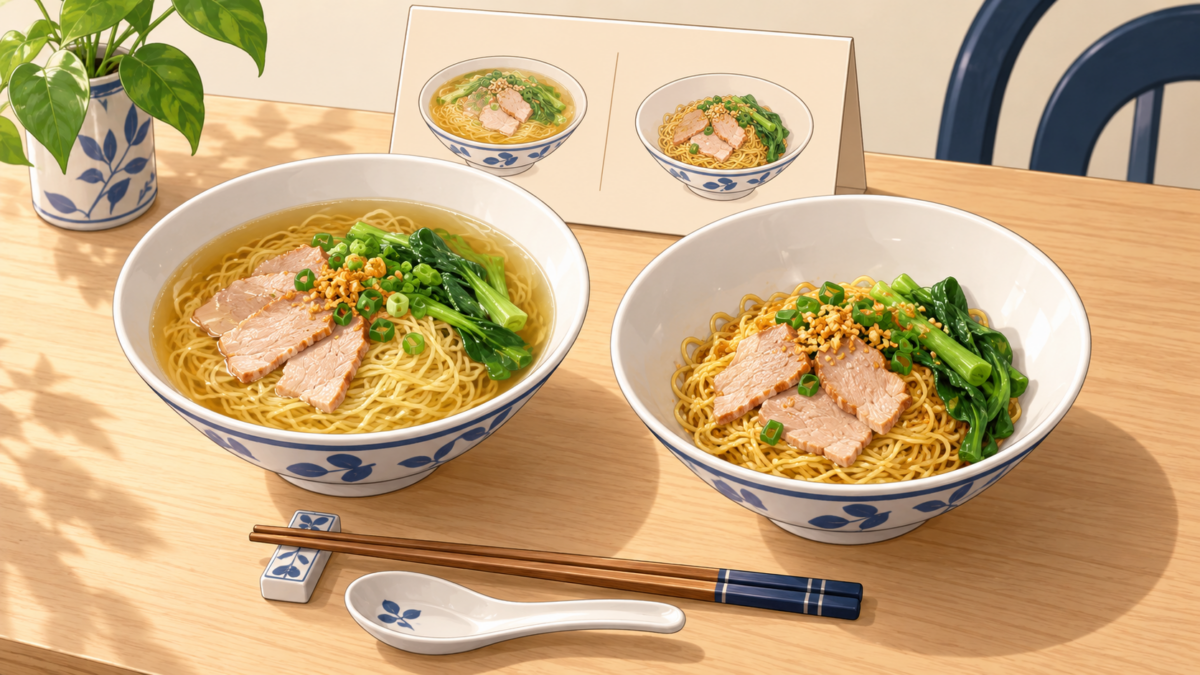 汁ありと汁なしの麺料理を並べ、文字のないメニューカードと見比べるためのイラスト