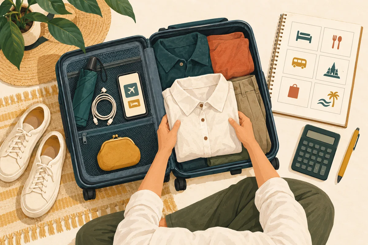 Illustration of a traveler packing modest clothing, an umbrella and phone equipment beside a budget notebook and calculator.