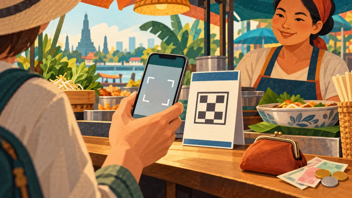 An illustrated traveller checks a merchant payment code with a phone, with a purse and cash kept as a backup.